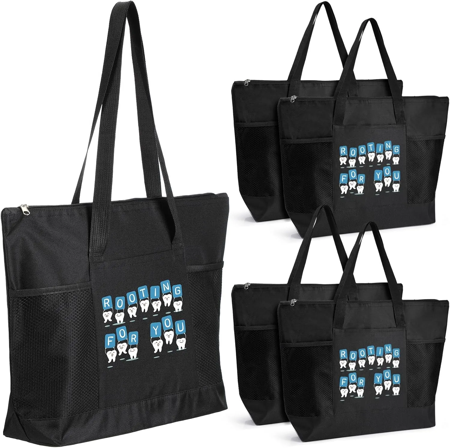 Roowest 5 Pcs Dentist Dental Assistant Appreciation Week Gifts Tote Bags with Mesh Pockets Tote Bags with Zipper for Work Gifts Women for Dental Assistant Doctor Nurse (Black)