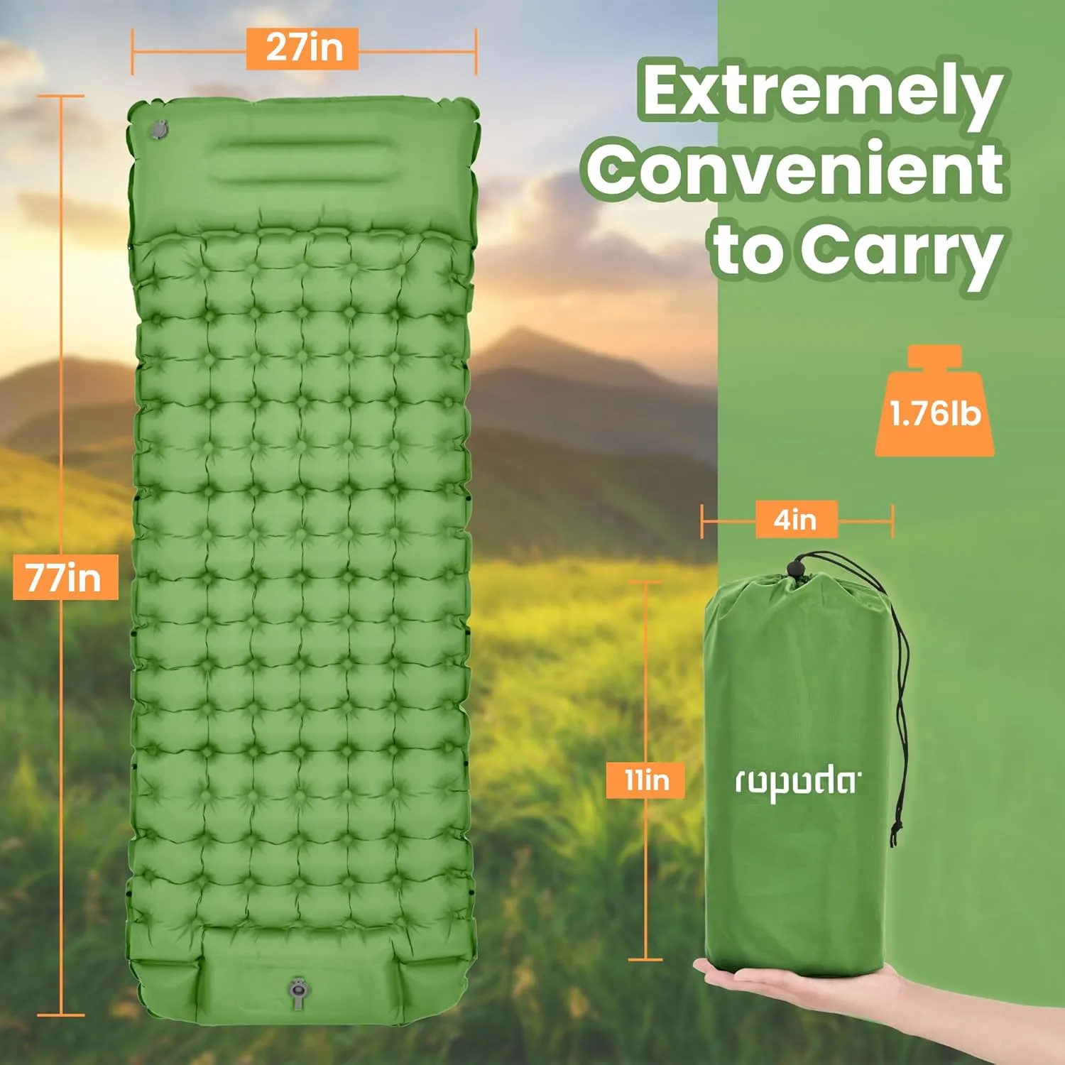ropoda Extra Thickness 3.9'' Inflatable Sleeping Pad for Camping with Pillow, Built-in Foot Pump, 77''*27'' Sleeping Mat with Carry Bag, Ultralight & Compact Camping Mattress for Hiking, Camping Pad