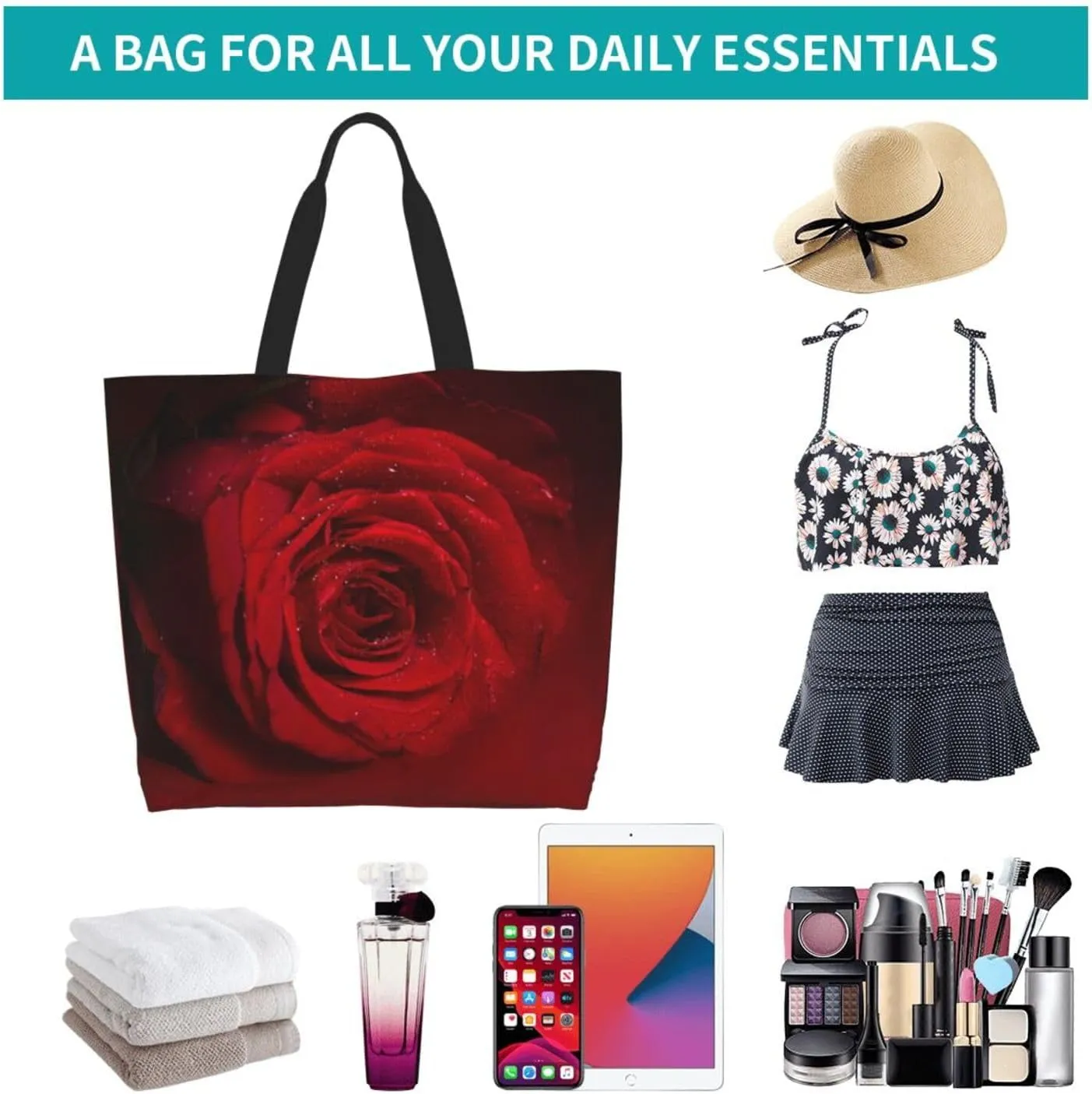 Rose Canvas Tote Bag Rose Flower Shoulder Bag Handbag Flower Casual Women Grocery Bags Womens Bag for Outdoor