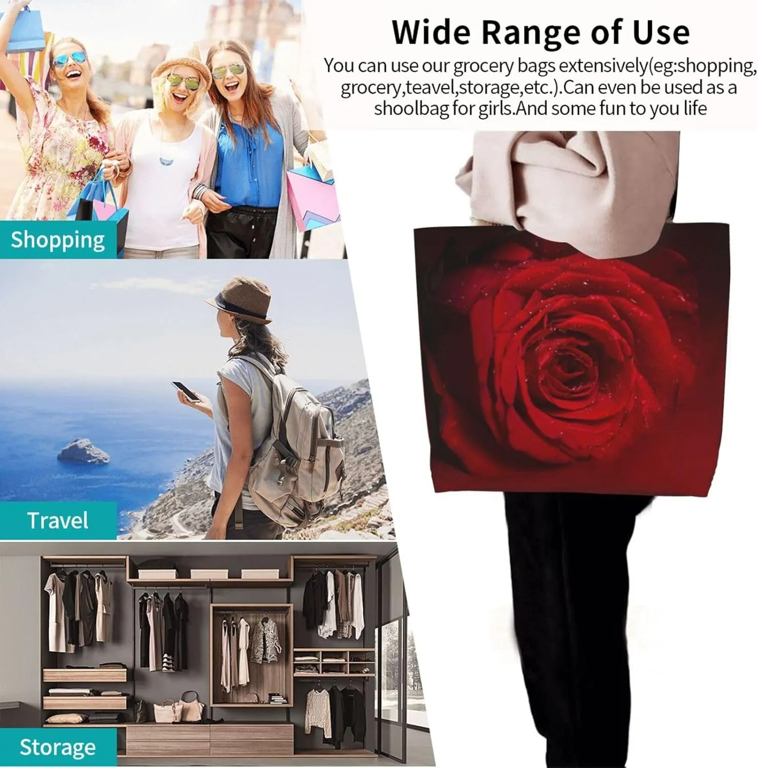 Rose Canvas Tote Bag Rose Flower Shoulder Bag Handbag Flower Casual Women Grocery Bags Womens Bag for Outdoor