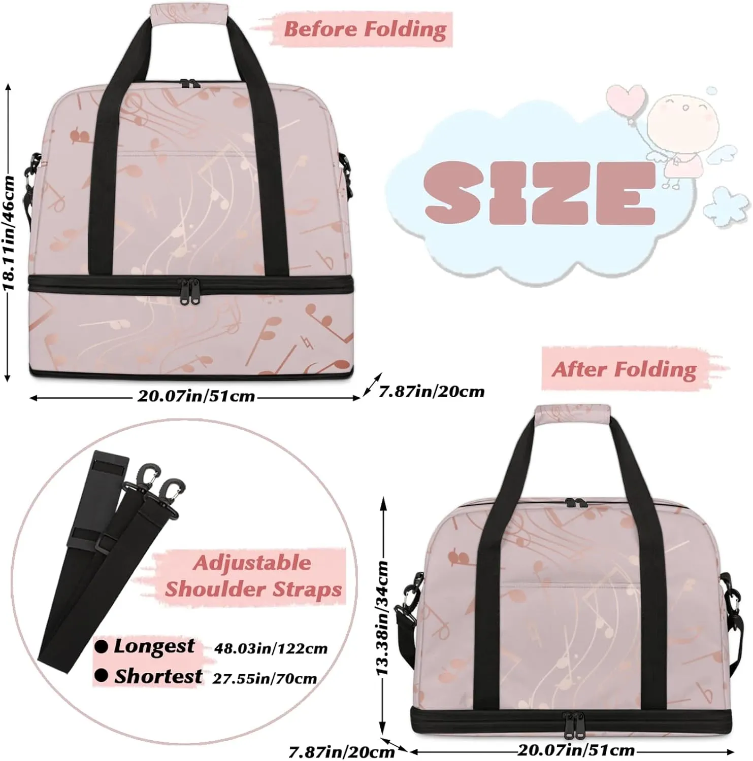 Rose Gold Musical Note Travel Duffel Bags for Women & Men Large Sports Gym Bags Foldie Weekender Overnight Bag Carry On Tote Bag With Shoe Compartment Personal Item Bag for Travel Sports Gym