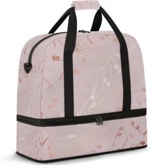 Rose Gold Musical Note Travel Duffel Bags for Women & Men Large Sports Gym Bags Foldie Weekender Overnight Bag Carry On Tote Bag With Shoe Compartment Personal Item Bag for Travel Sports Gym