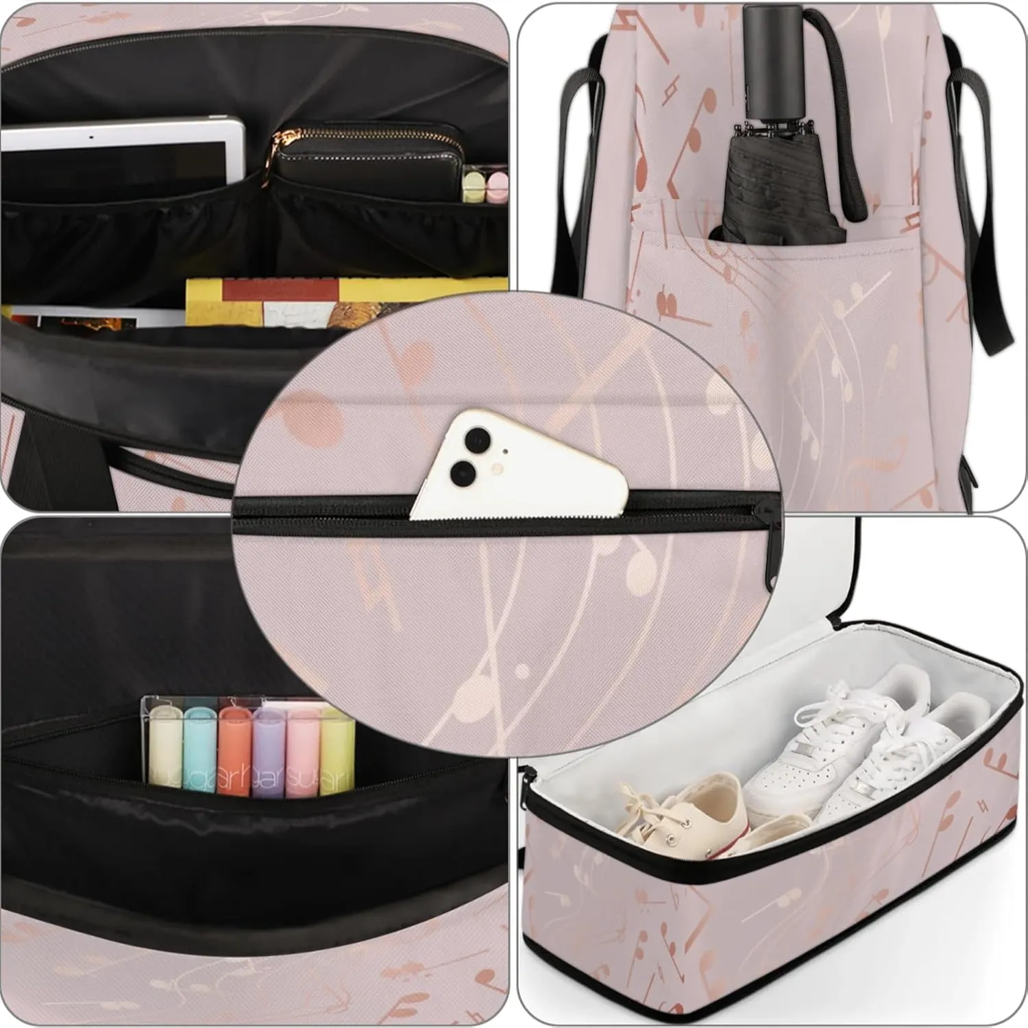 Rose Gold Musical Note Travel Duffel Bags for Women & Men Large Sports Gym Bags Foldie Weekender Overnight Bag Carry On Tote Bag With Shoe Compartment Personal Item Bag for Travel Sports Gym