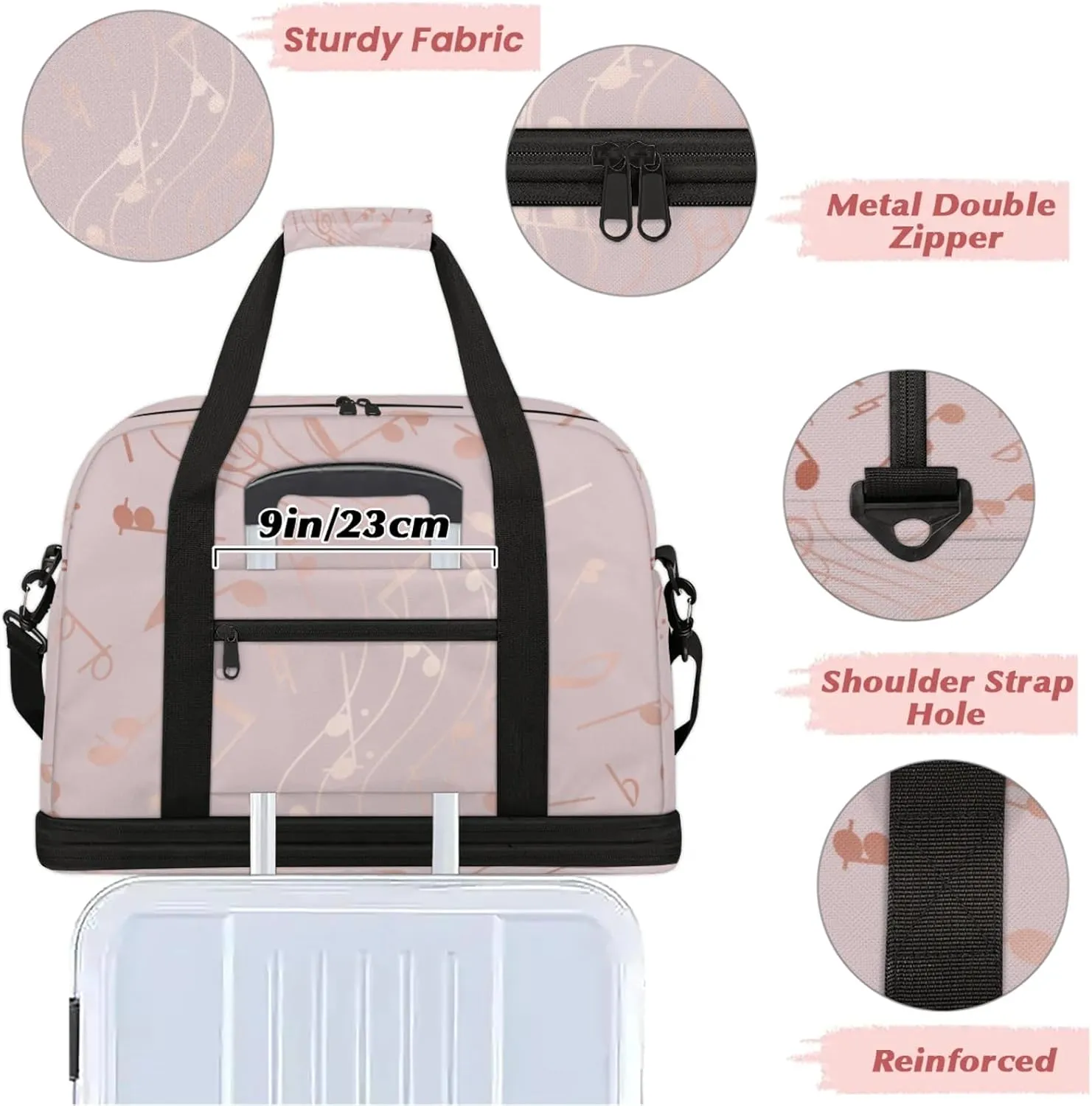 Rose Gold Musical Note Travel Duffel Bags for Women & Men Large Sports Gym Bags Foldie Weekender Overnight Bag Carry On Tote Bag With Shoe Compartment Personal Item Bag for Travel Sports Gym