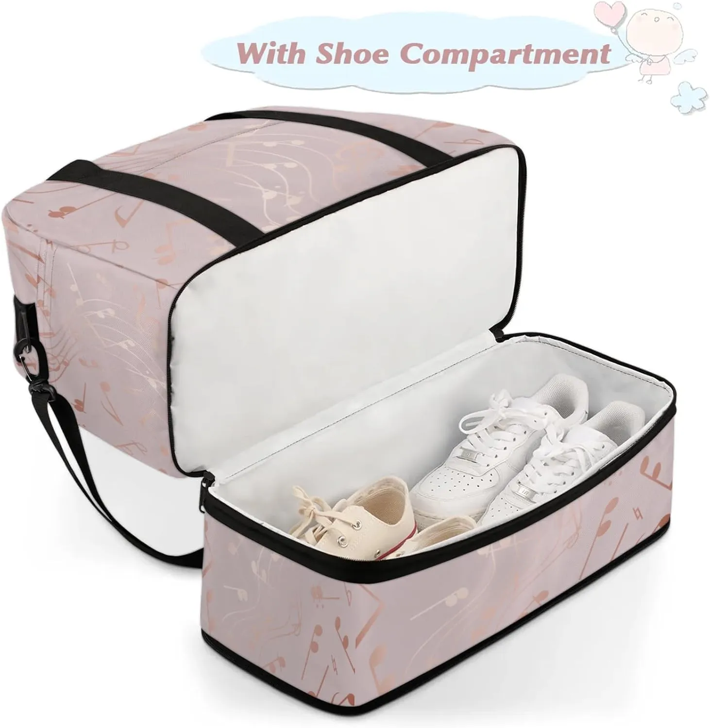 Rose Gold Musical Note Travel Duffel Bags for Women & Men Large Sports Gym Bags Foldie Weekender Overnight Bag Carry On Tote Bag With Shoe Compartment Personal Item Bag for Travel Sports Gym