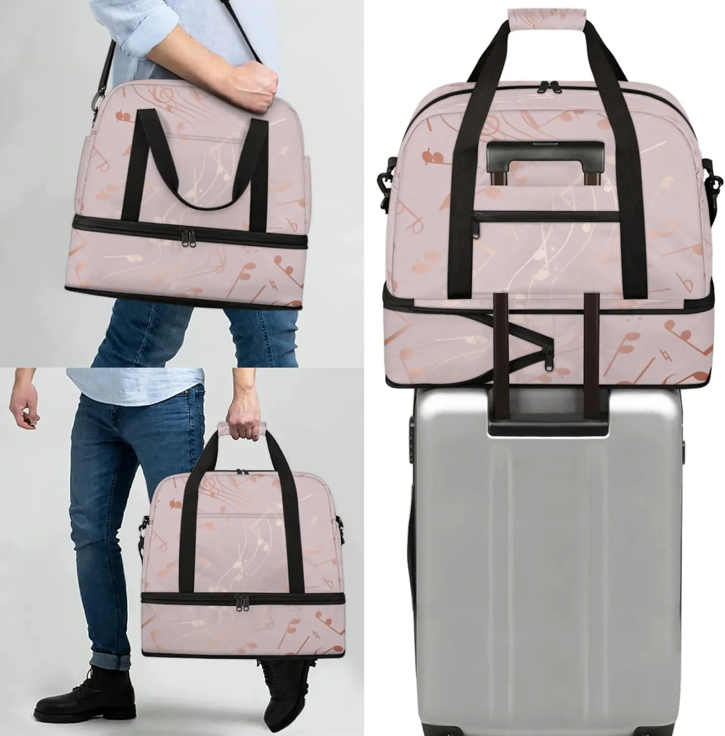 Rose Gold Musical Note Travel Duffel Bags for Women & Men Large Sports Gym Bags Foldie Weekender Overnight Bag Carry On Tote Bag With Shoe Compartment Personal Item Bag for Travel Sports Gym