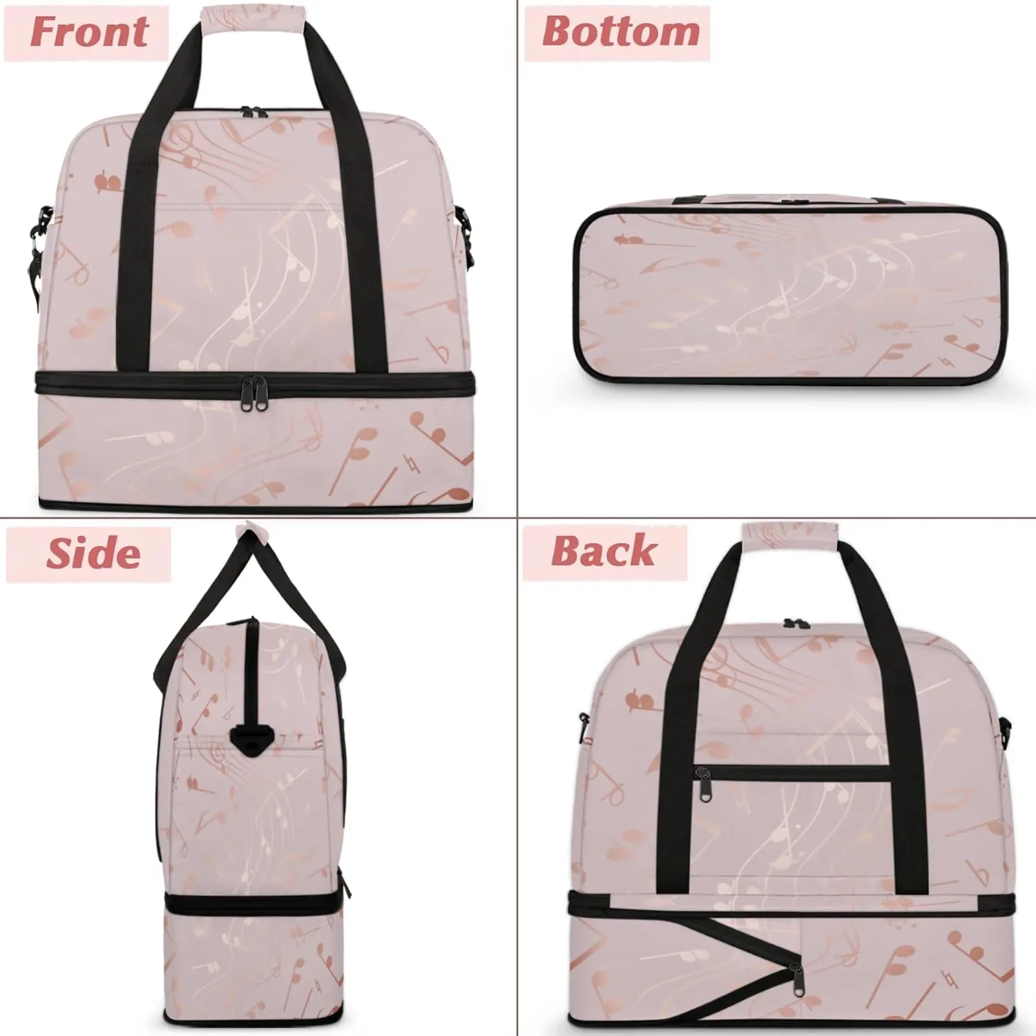 Rose Gold Musical Note Travel Duffel Bags for Women & Men Large Sports Gym Bags Foldie Weekender Overnight Bag Carry On Tote Bag With Shoe Compartment Personal Item Bag for Travel Sports Gym
