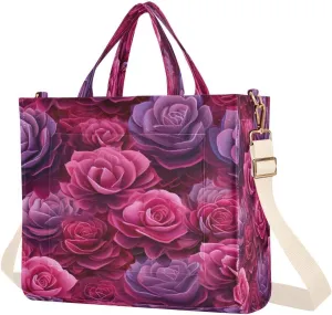 Rose Succulent Corduroy Tote Bag for Women Shoulder Handbag with Adjustable Detachable Strap and Pockets for Work Travel