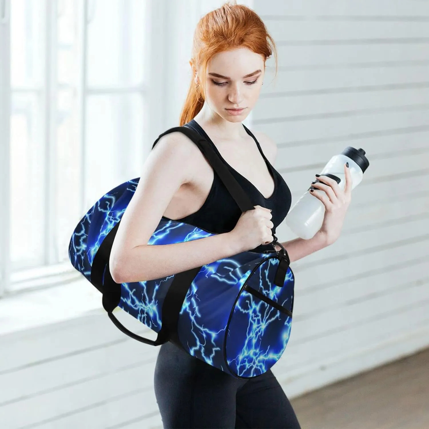 Round Duffel Sports Bag Lightning Blue Lightweight with Inner Pocket Gym Bag for Men Women Duffle Bag for Travel Sports