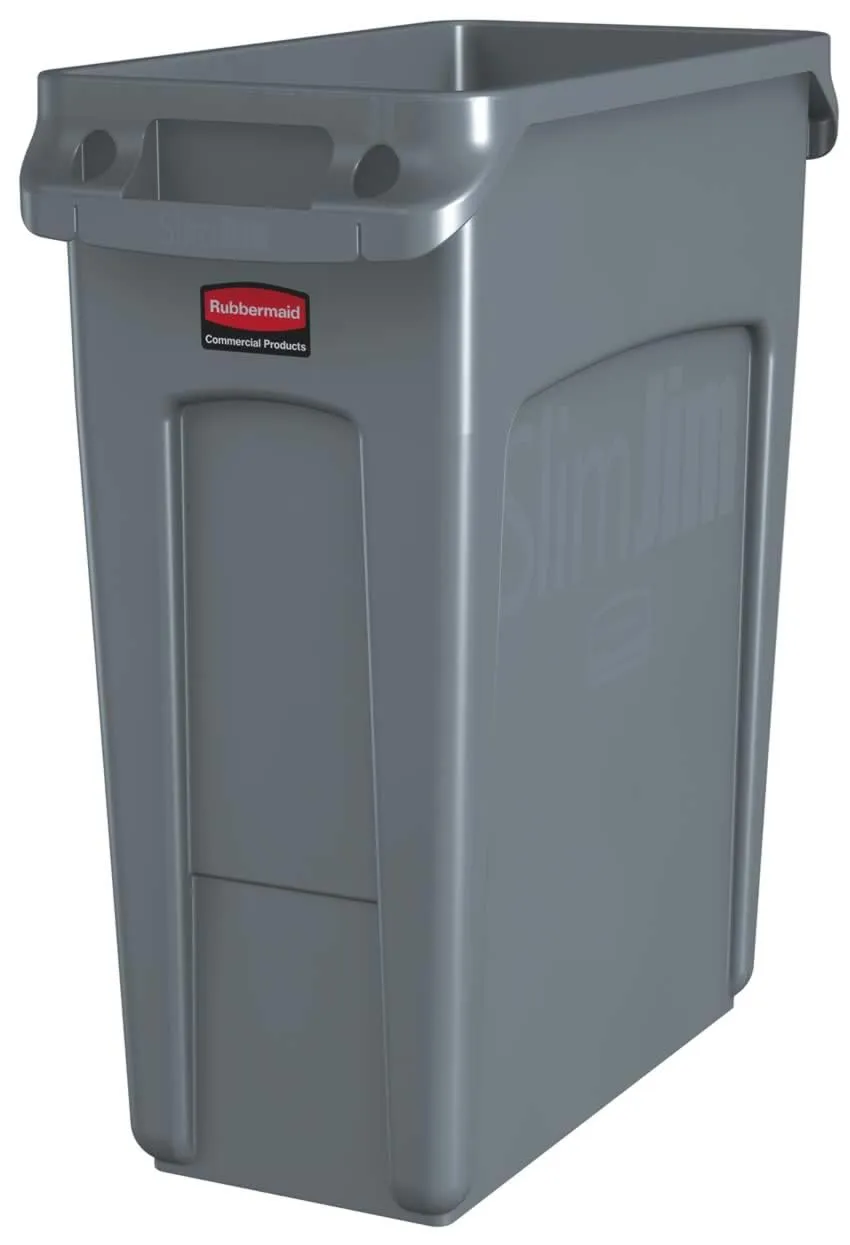 Rubbermaid Commercial Products Slim Jim Plastic Rectangular Trash/Garbage Can/Bin with Venting Channels, 16 Gal, Gray, for Kitchens/Classrooms/Offices/Back of House