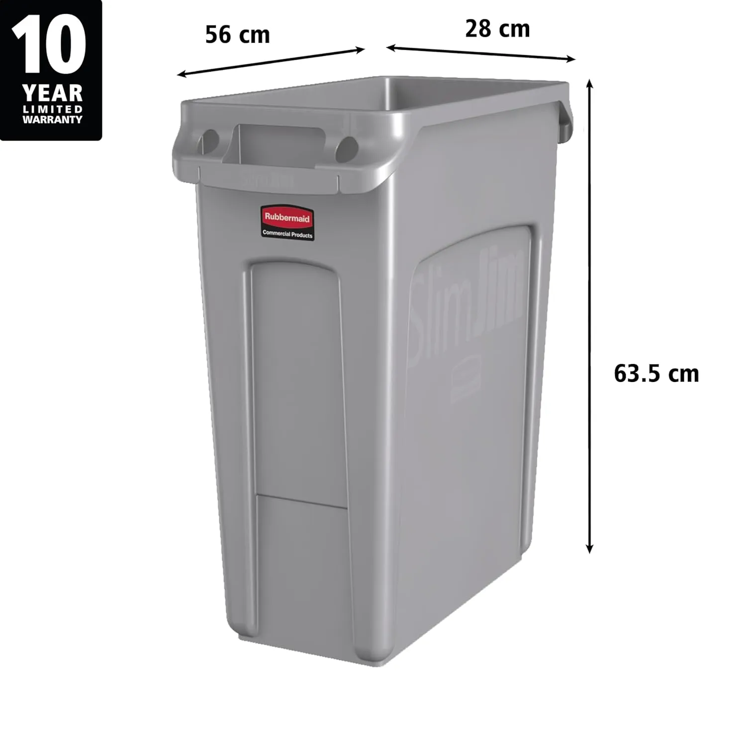 Rubbermaid Commercial Products Slim Jim Plastic Rectangular Trash/Garbage Can/Bin with Venting Channels, 16 Gal, Gray, for Kitchens/Classrooms/Offices/Back of House