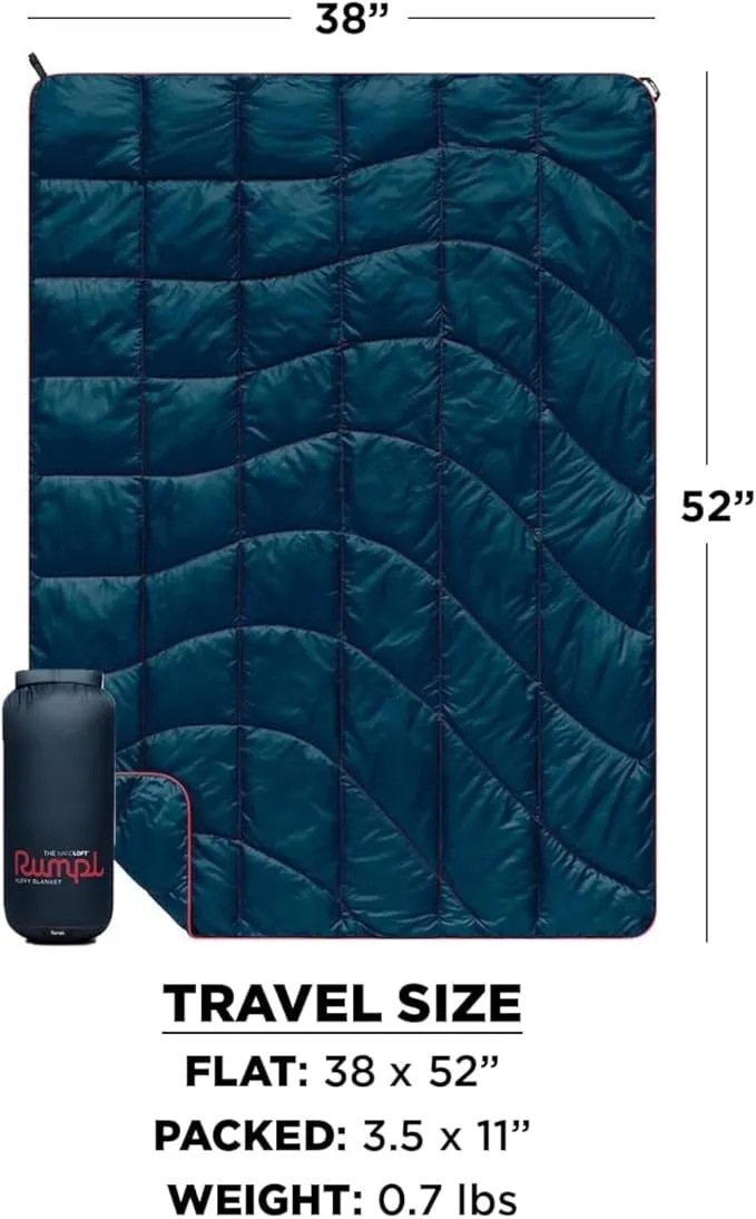 Rumpl The NanoLoft Puffy Blanket | Indoor Outdoor Camping Blanket for Traveling, Picnics, Beach Trips, Concerts | 38" x 52" | Deepwater, Travel