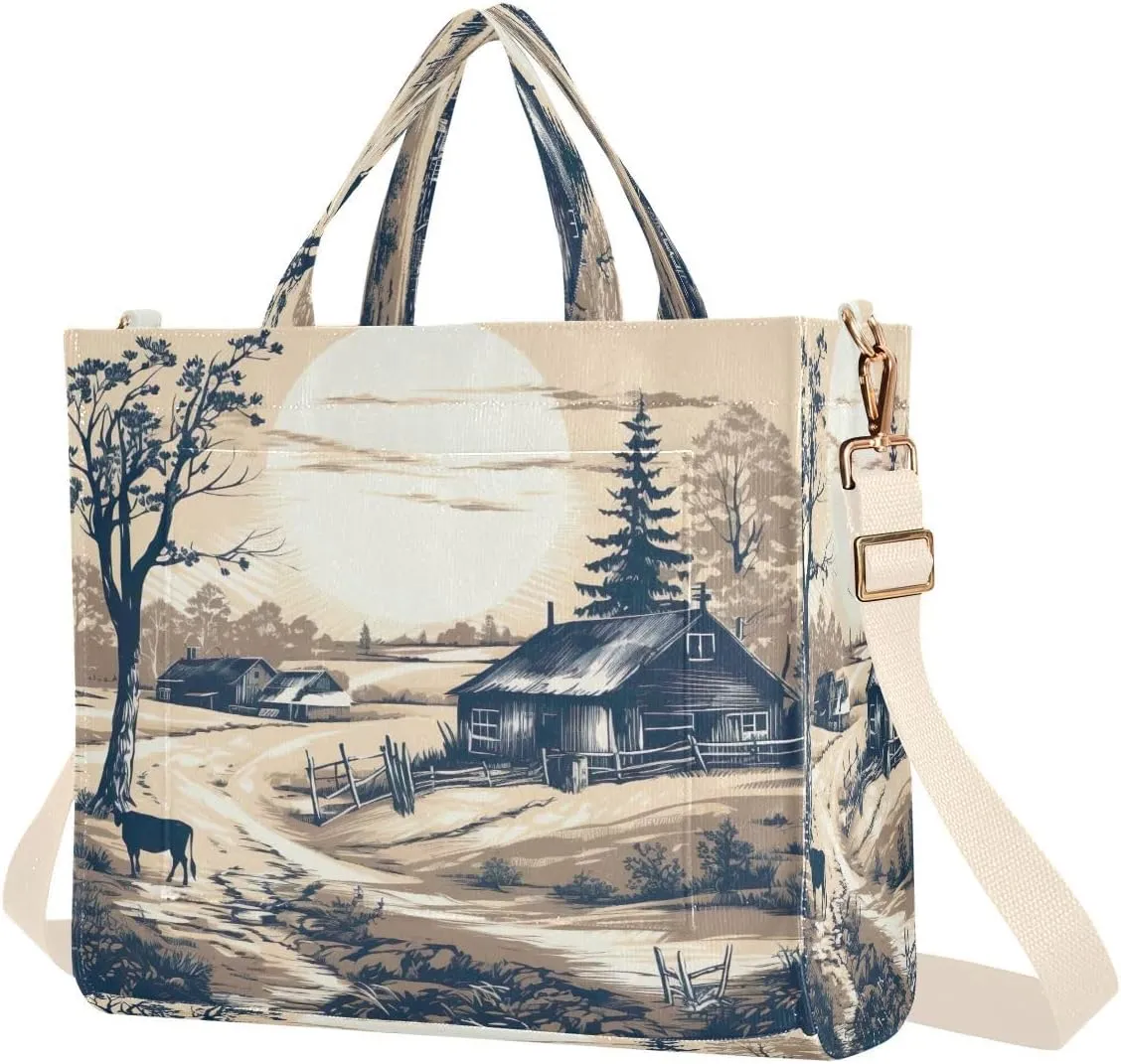 Rural Village Corduroy Tote Bag for Women Hobo Crossbody Bag Purse Stylish Shoulder Handbag Messenger Bags, S