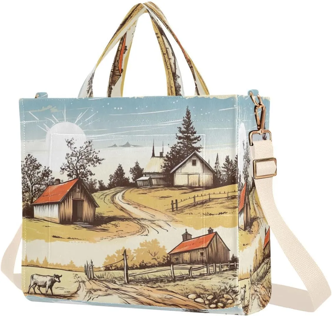 Rustic Farmhouse Village Corduroy Tote Bag for Women Hobo Crossbody Bag Purse Stylish Shoulder Handbag Messenger Bags, S