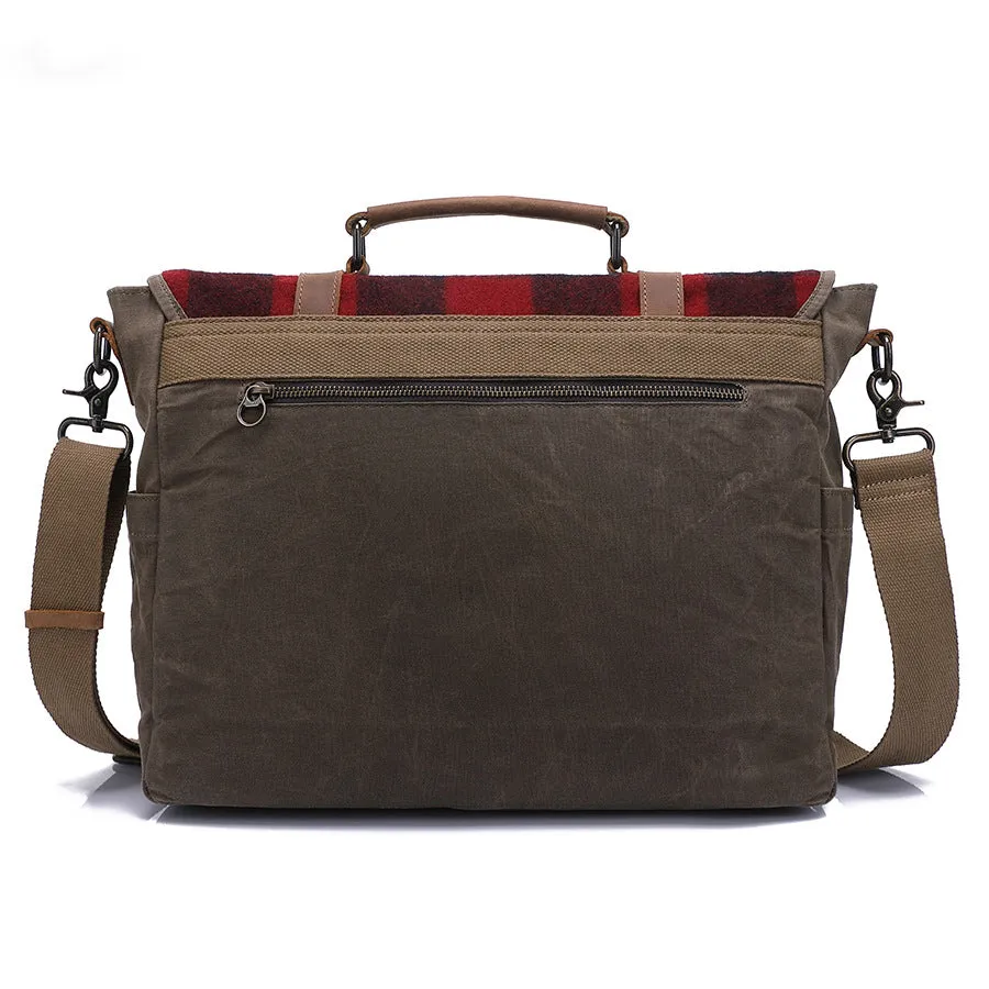 Rustic Plaid Waxed Canvas Messenger Bag with Leather Accents