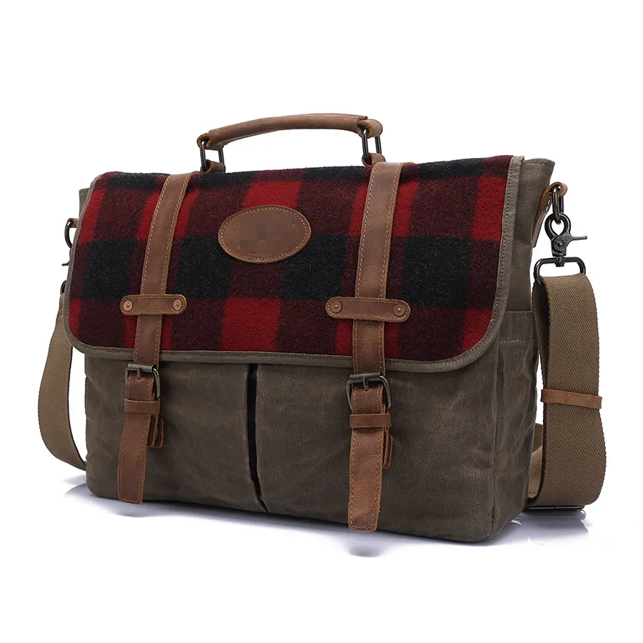 Rustic Plaid Waxed Canvas Messenger Bag with Leather Accents