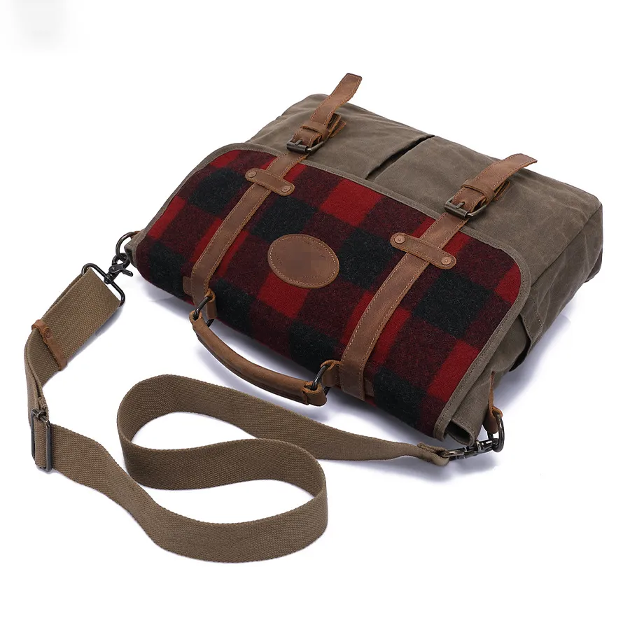 Rustic Plaid Waxed Canvas Messenger Bag with Leather Accents