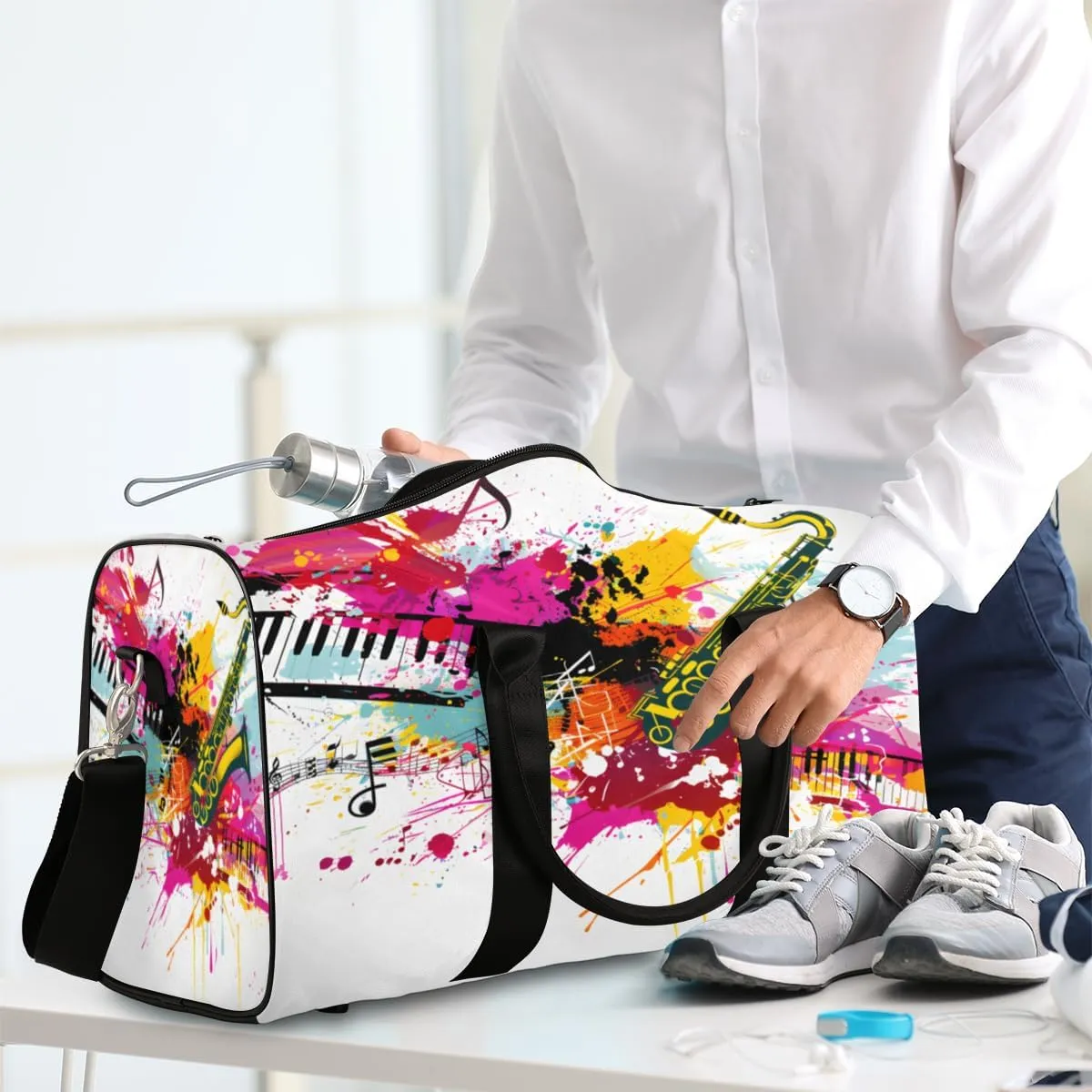 Saxophone Travel Duffle Bag, Sports Gym Bags for Women Men, Carry On Weekender Overnight Bag, Jazz Music Theme Workout Hospital Airplane Trips Bag