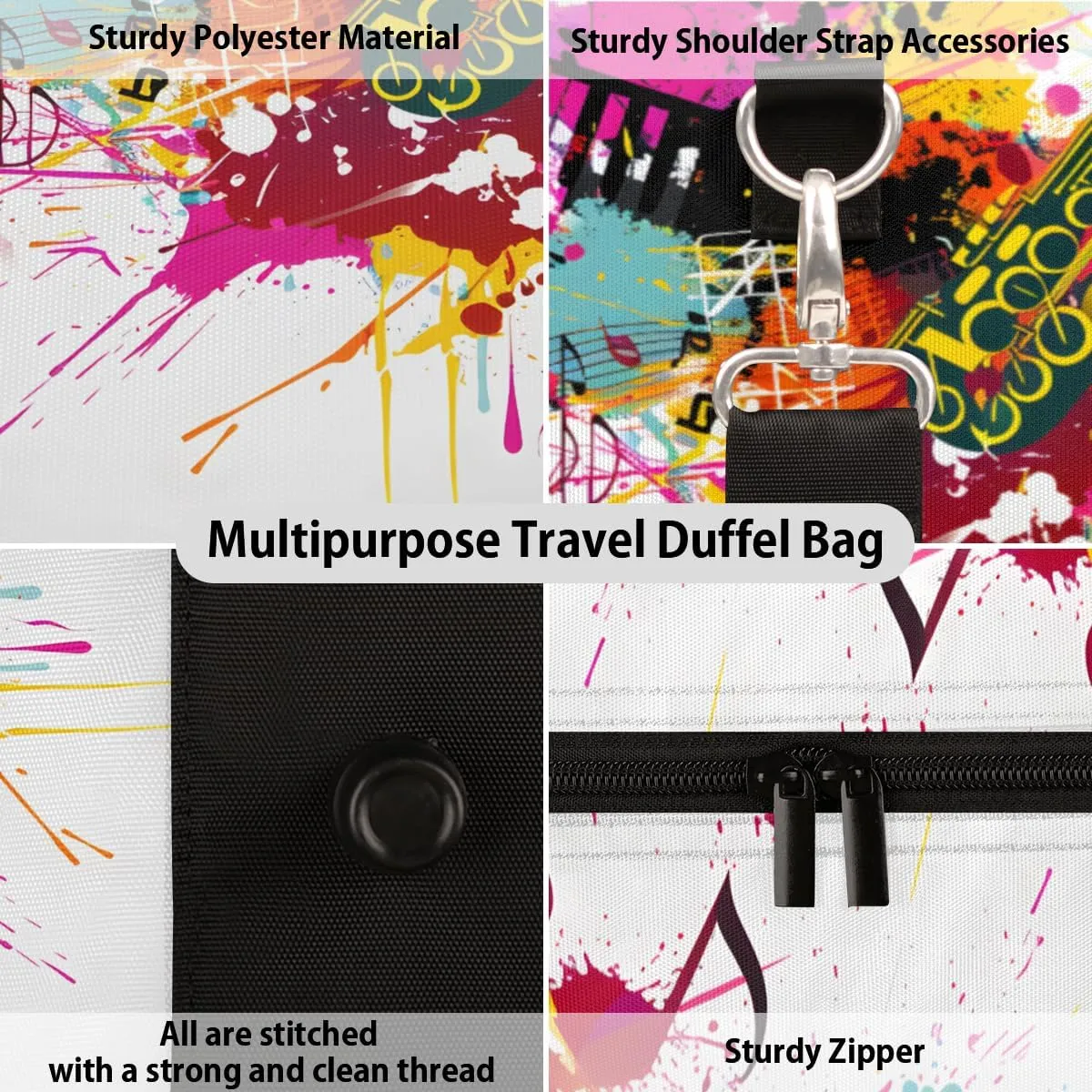 Saxophone Travel Duffle Bag, Sports Gym Bags for Women Men, Carry On Weekender Overnight Bag, Jazz Music Theme Workout Hospital Airplane Trips Bag