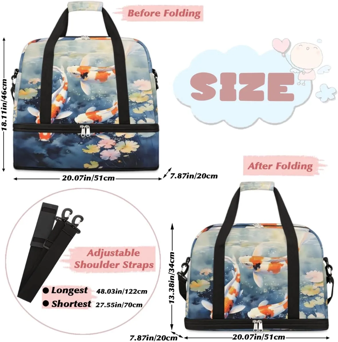 Sea Animal Fish Foldable Duffle Bag with Shoes Compartment Large Capacity Waterproof Travel Weekender Bag Overnight Bag for Sports Gym