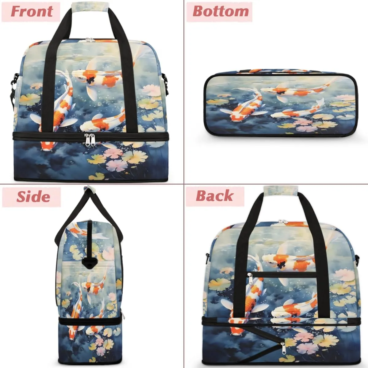 Sea Animal Fish Foldable Duffle Bag with Shoes Compartment Large Capacity Waterproof Travel Weekender Bag Overnight Bag for Sports Gym