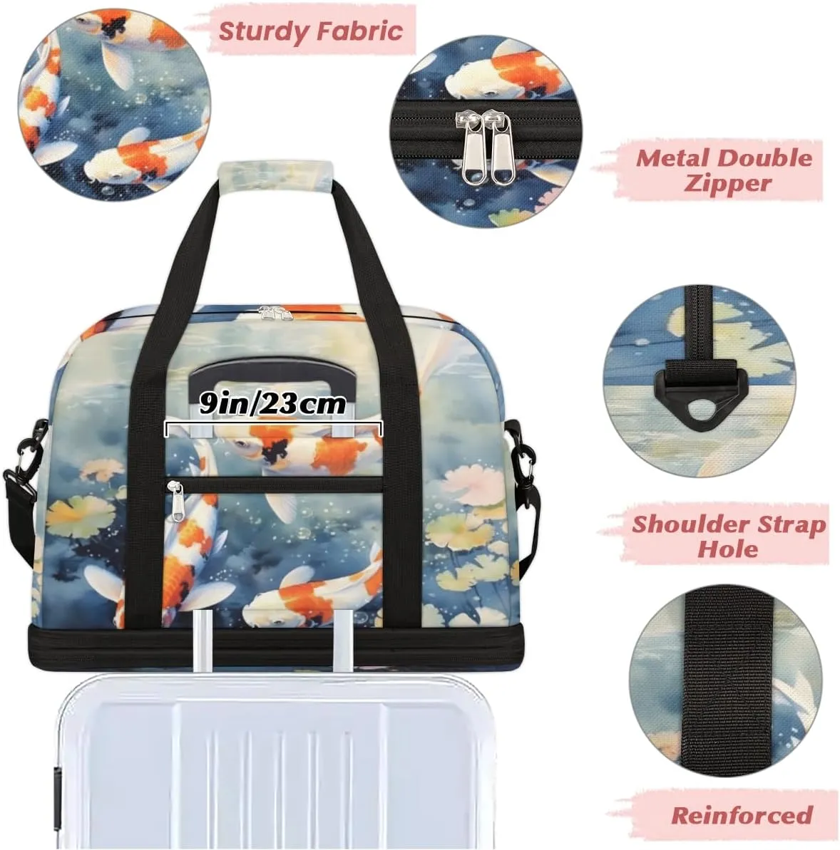 Sea Animal Fish Foldable Duffle Bag with Shoes Compartment Large Capacity Waterproof Travel Weekender Bag Overnight Bag for Sports Gym