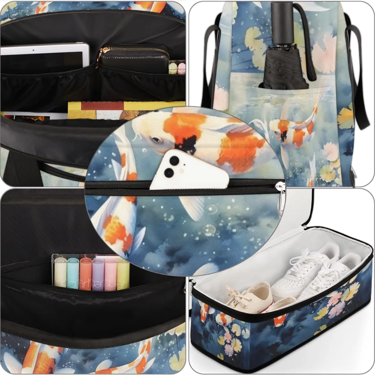 Sea Animal Fish Foldable Duffle Bag with Shoes Compartment Large Capacity Waterproof Travel Weekender Bag Overnight Bag for Sports Gym