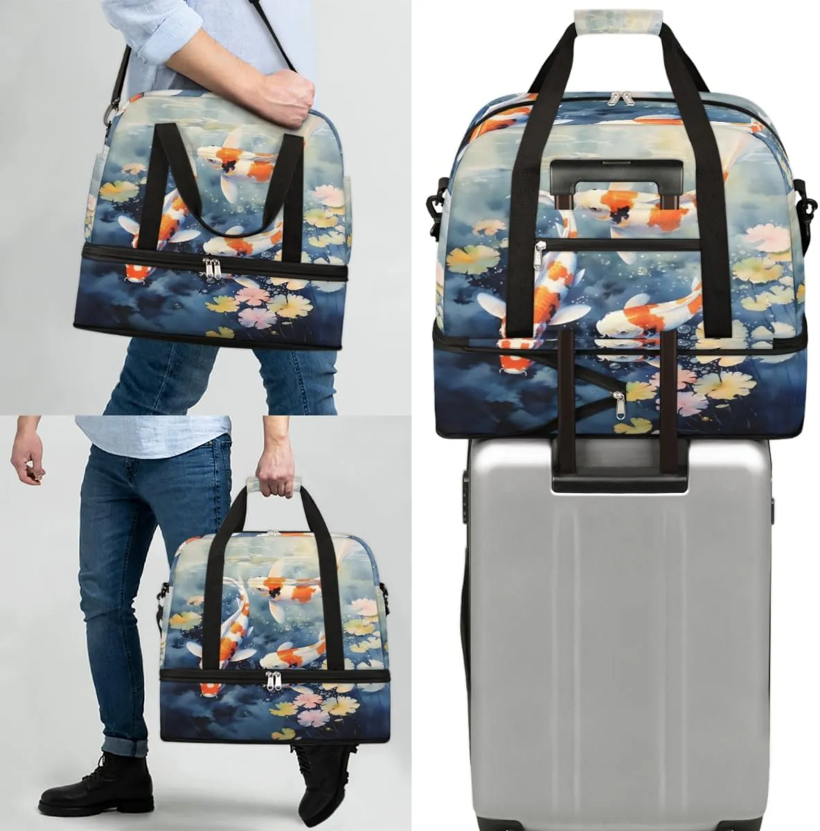 Sea Animal Fish Foldable Duffle Bag with Shoes Compartment Large Capacity Waterproof Travel Weekender Bag Overnight Bag for Sports Gym