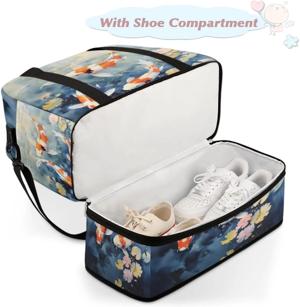 Sea Animal Fish Foldable Duffle Bag with Shoes Compartment Large Capacity Waterproof Travel Weekender Bag Overnight Bag for Sports Gym