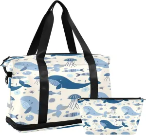 Seamless Maritime Abstract Model with Whales and Jellyfish Travel Duffel Bag Waterproof Gym Sport Tote Bag Carry On Weekender Bag with Compartment
