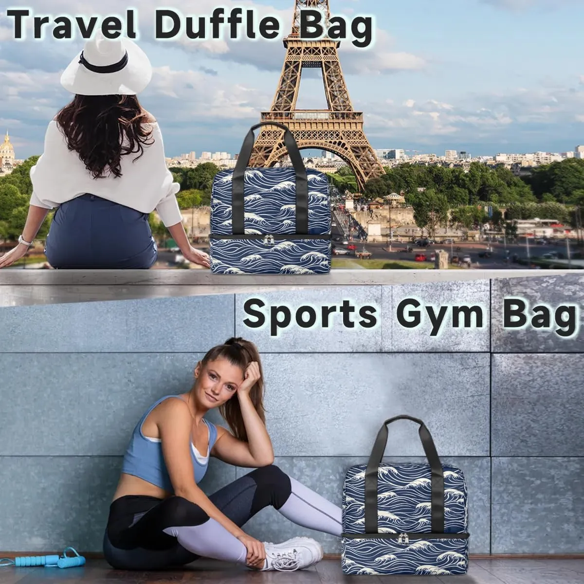 Seawater Print Travel Duffel Bag Dry Wet Separated Sports Tote Travel Duffle Bag Gym Workout Bag Women Travel Duffel Bag for Women, Travel, Gym, Work
