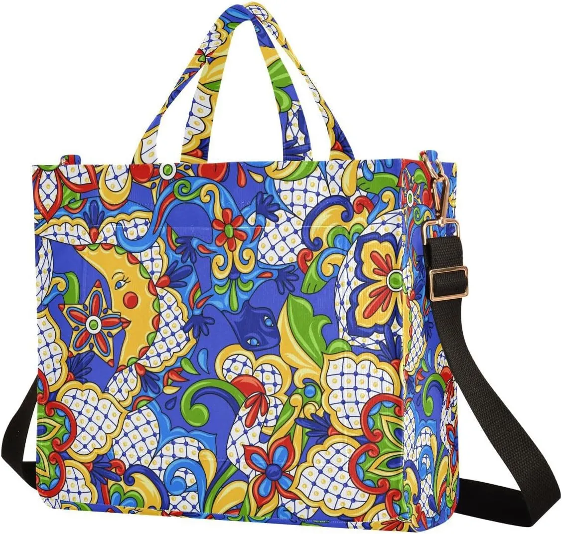 Sinestour Mexican Talavera Tote Bag for Women Shoulder Bag Purses Tote Handbag Travel Crossbody Bag for Vacation Beach Trip
