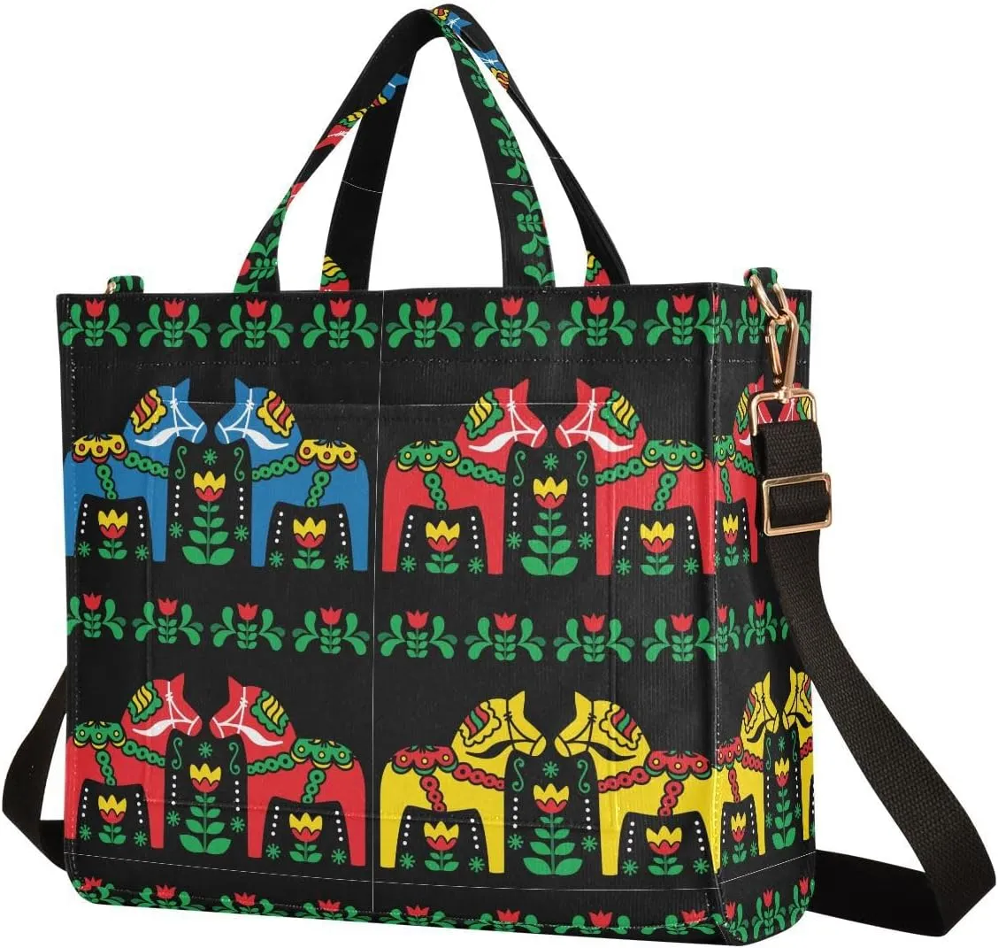 Sinestour Swedish Dala Horse Tote Bag for Women Crossbody Bags Corduroy Shoulder Bag Tote Handbag for Vacation Beach Trip