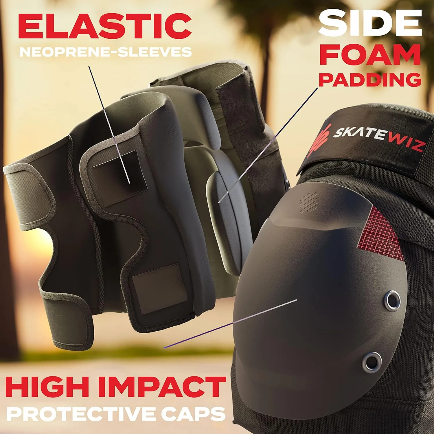 SKATEWIZ Knee and Elbow Pads Adult - Skating Protective Gear Adult Knee and Elbow Pads Set with Wrist Pads - SHIELD - Size M/L Black - Roller Skate Protective Gear for Women & Men