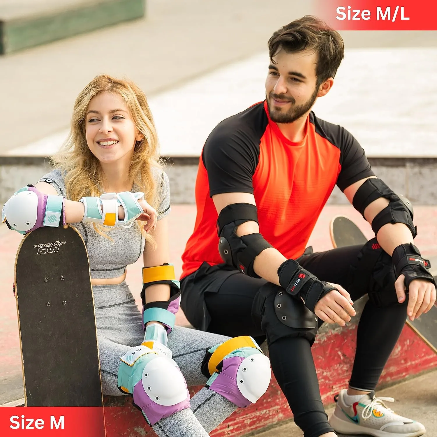 SKATEWIZ Knee and Elbow Pads Adult - Skating Protective Gear Adult Knee and Elbow Pads Set with Wrist Pads - SHIELD - Size M/L Black - Roller Skate Protective Gear for Women & Men