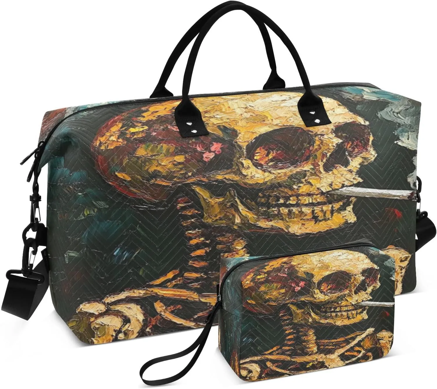 Skeleton Oil Painting Dark Sports Gym Bag for Women Men Travel Duffel Bag Weekend Overnight Carry on Bag with Toiletry Bag Training Handbag for Swimming Yoga Workout Plane Hospital