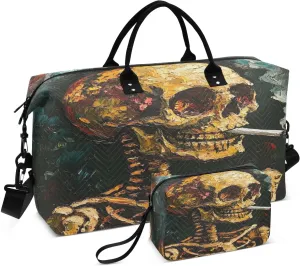 Skeleton Oil Painting Dark Sports Gym Bag for Women Men Travel Duffel Bag Weekend Overnight Carry on Bag with Toiletry Bag Training Handbag for Swimming Yoga Workout Plane Hospital