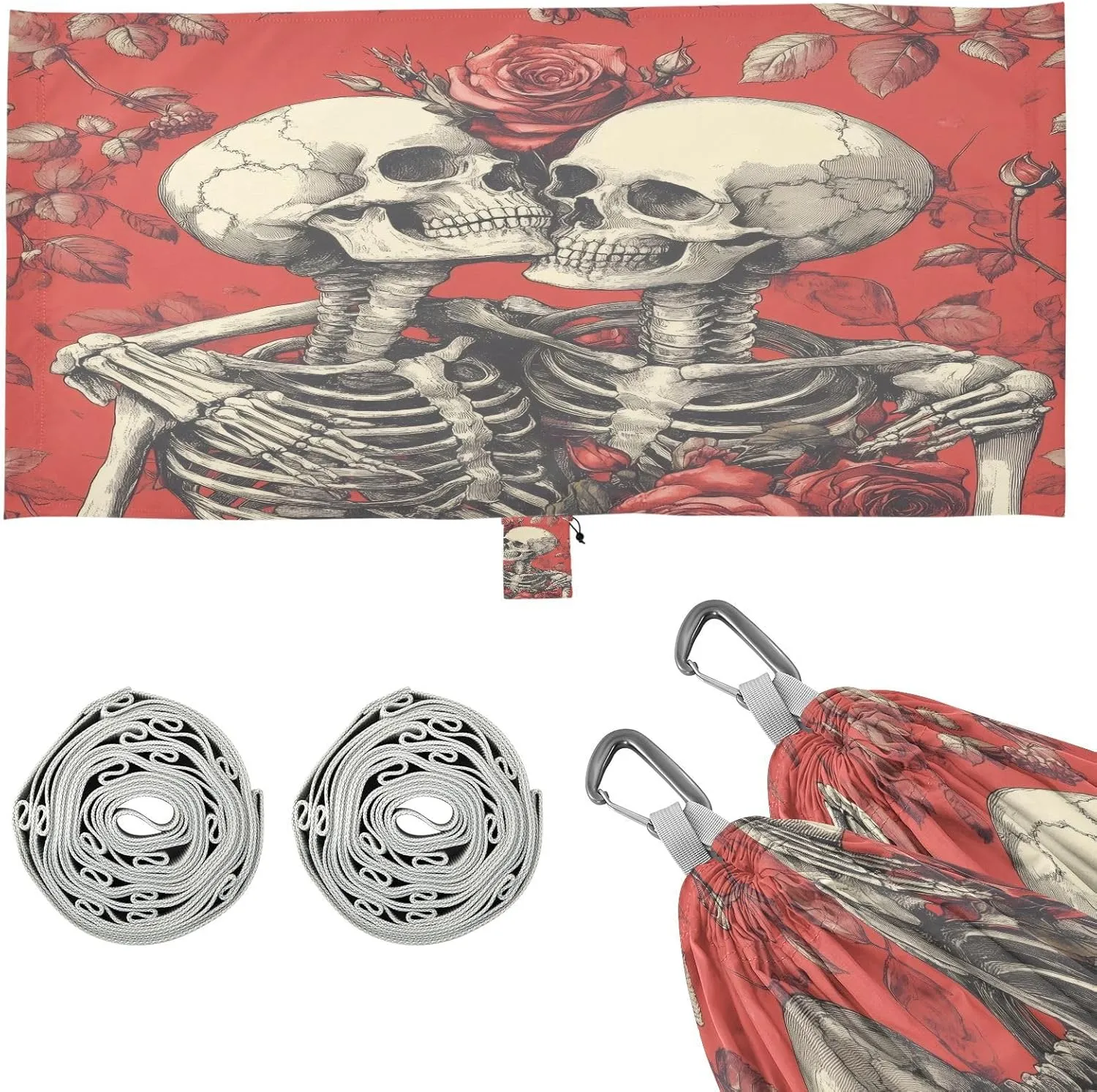 Skull and Roses Camping Hammock, Single Portable Hammocks with Tree Straps & Attached Carry Bag, 330Lbs Capacity Perfect for Outside Indoor Hiking Beach Backpack Travel