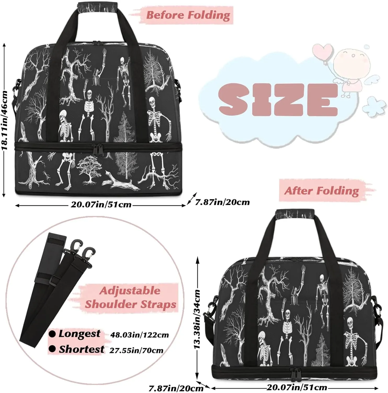 Skull Tree AbstractTravel Duffel Bags for Women & Men Large Sports Gym Bags Foldie Weekender Overnight Bag Carry On Tote Bag With Shoe Compartment Personal Item Bag for Travel Sports Gym