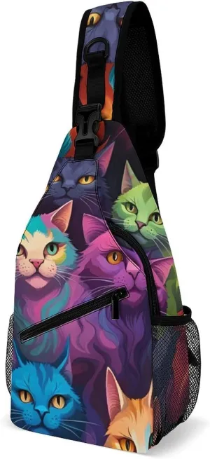 Sling Backpack for Women Men Multipurpose Anti-Theft Gym Crossbody Sack Satchel Outdoor Hiking Bag Tool Backpack, Cat Breeds Colorful Cats Art Crossbody Daypacks Chest Packs