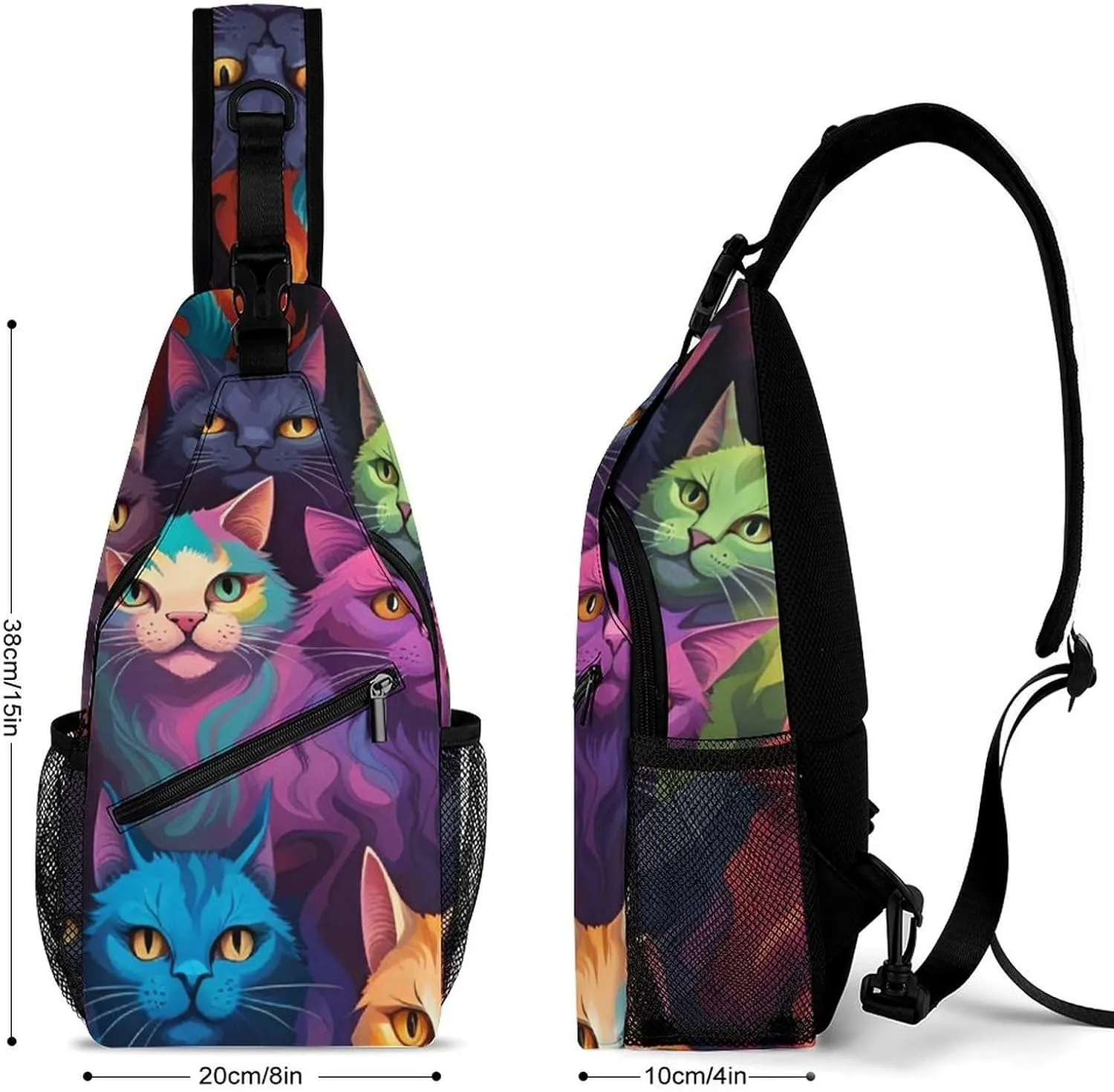 Sling Backpack for Women Men Multipurpose Anti-Theft Gym Crossbody Sack Satchel Outdoor Hiking Bag Tool Backpack, Cat Breeds Colorful Cats Art Crossbody Daypacks Chest Packs