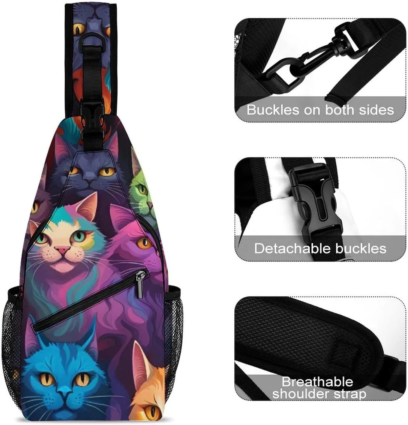 Sling Backpack for Women Men Multipurpose Anti-Theft Gym Crossbody Sack Satchel Outdoor Hiking Bag Tool Backpack, Cat Breeds Colorful Cats Art Crossbody Daypacks Chest Packs