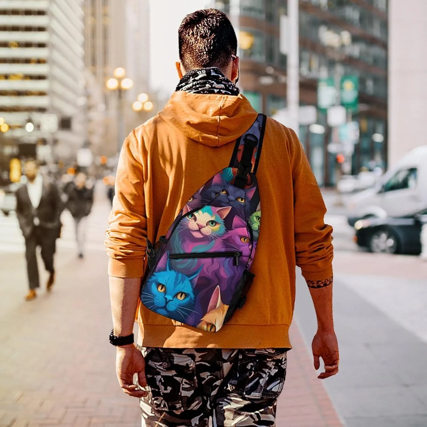 Sling Backpack for Women Men Multipurpose Anti-Theft Gym Crossbody Sack Satchel Outdoor Hiking Bag Tool Backpack, Cat Breeds Colorful Cats Art Crossbody Daypacks Chest Packs