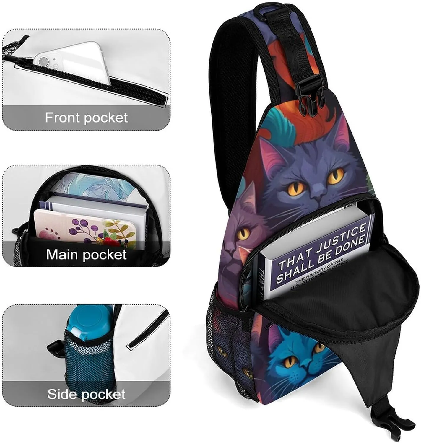 Sling Backpack for Women Men Multipurpose Anti-Theft Gym Crossbody Sack Satchel Outdoor Hiking Bag Tool Backpack, Cat Breeds Colorful Cats Art Crossbody Daypacks Chest Packs
