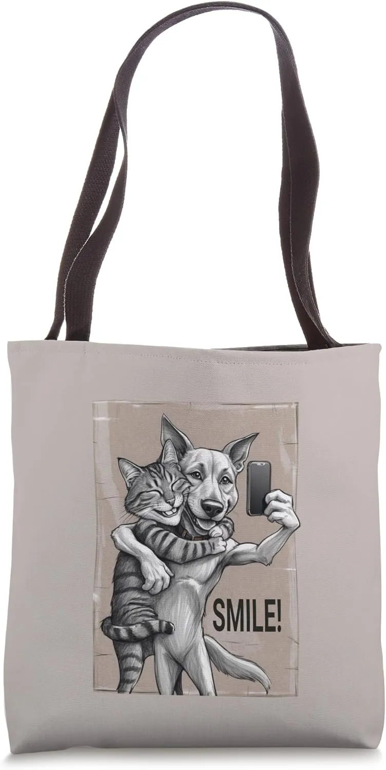 SMILE! Graphic Cat and Dog Tote Bag