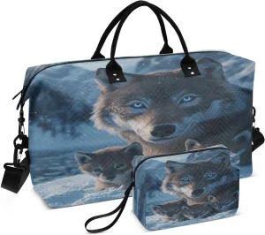Snow Wolf Cubs Blue Travel Duffel Bag with Toiletry Bag Weekender Bag for Carry on Sports Gym Bag for Shopping Gym Travel