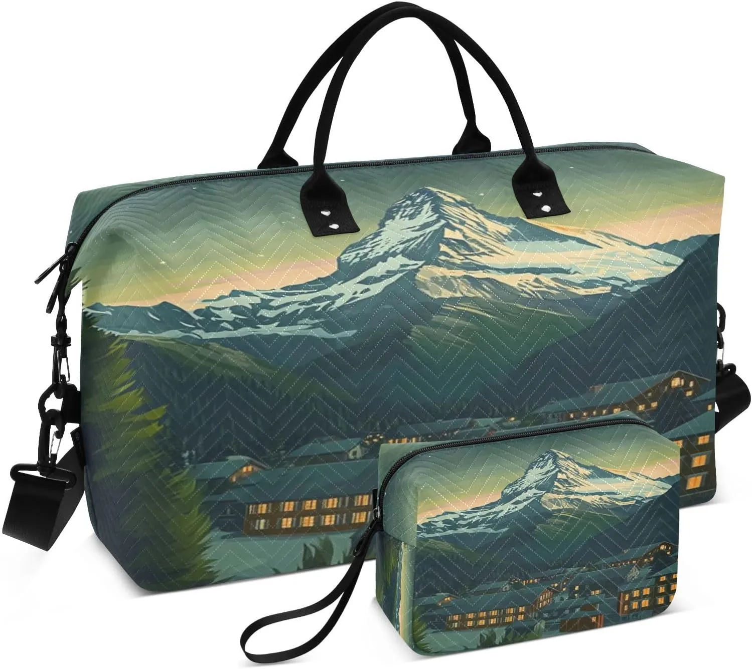 Snowy Mountain Village Sports Gym Bag for Women Men Travel Duffel Bag Weekend Overnight Carry on Bag with Toiletry Bag Air Travel Bag for Swimming Yoga Workout Hospital Plane