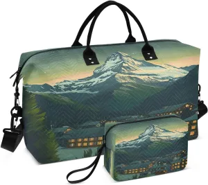 Snowy Mountain Village Sports Gym Bag for Women Men Travel Duffel Bag Weekend Overnight Carry on Bag with Toiletry Bag Air Travel Bag for Swimming Yoga Workout Hospital Plane