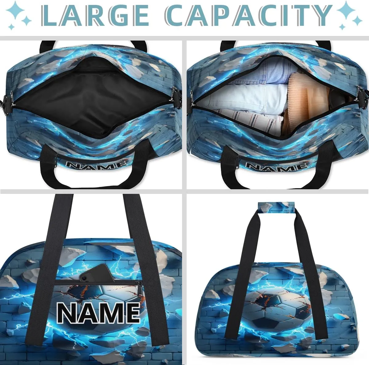 Soccer Custom Small Gym Bag 18 inch for Women Men Personalized Football Ball Carry On Overnight Weekender Bag for Travel Work Dance Sport