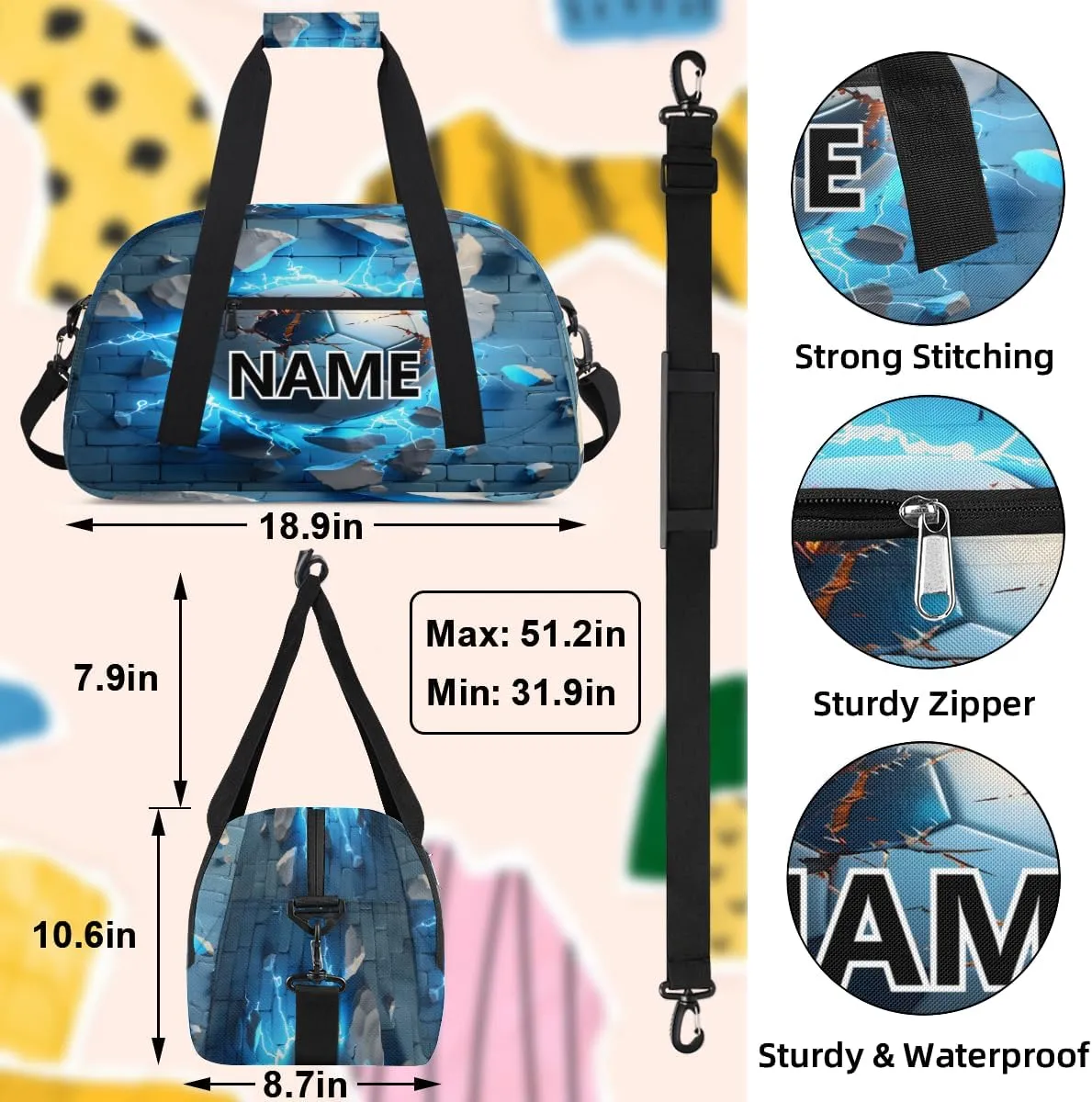 Soccer Custom Small Gym Bag 18 inch for Women Men Personalized Football Ball Carry On Overnight Weekender Bag for Travel Work Dance Sport